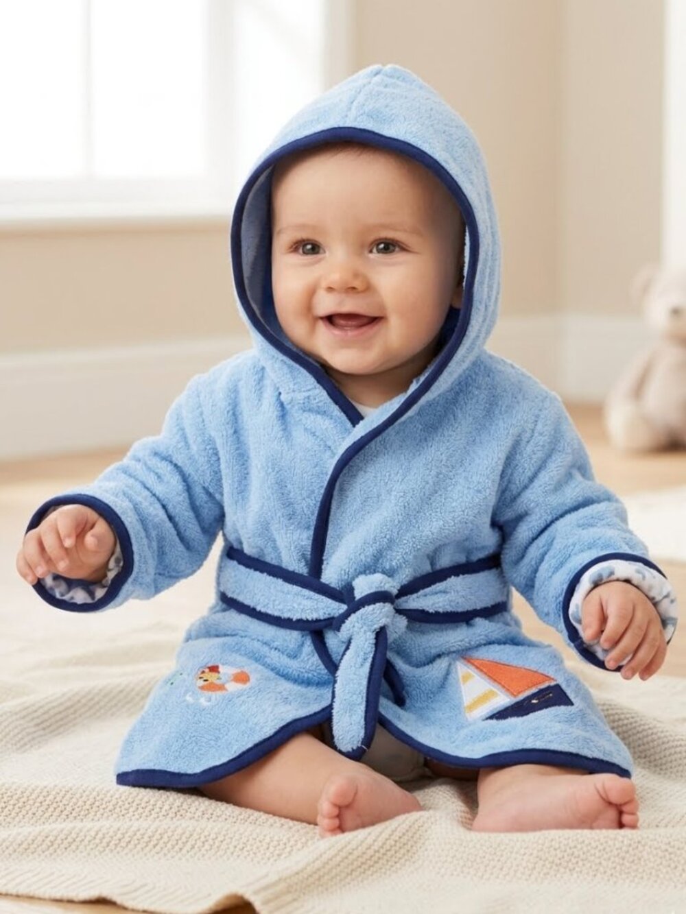 NWOT ⛵️🐟 Just Born Brand Baby Bathrobe Blue Nautical 0-9 Months Towel Material